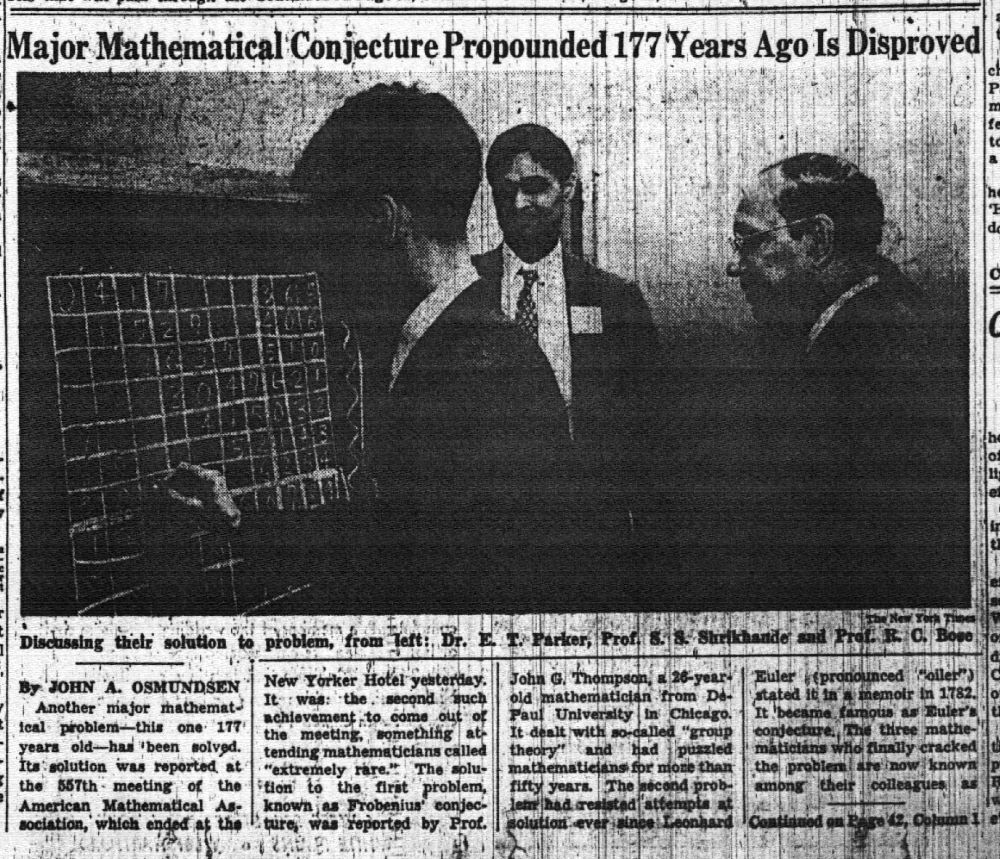 Фото из статьи в газете New York Times от 26 апреля 1959 об исторической работе Е.Т. Паркера, С.С. Шрикханде и Р.С. Боуза