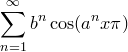 \displaystyle\sum_{n=1}^{\infty}b^n\cos(a^nx\pi) \displaystyle\sum_{n=1}^{\infty}b^n\cos(a^nx\pi)