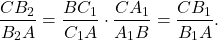 \[\frac{CB_2}{B_2A}=\frac{BC_1}{C_1A}\cdot\frac{CA_1}{A_1B}=\frac{CB_1}{B_1A} .\]