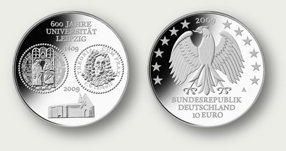 Серебряная монета Банка Германии с портретом Г.В. Лейбница, 2009 год Серебряная монета Банка Германии с портретом Г.В. Лейбница, 2009 год