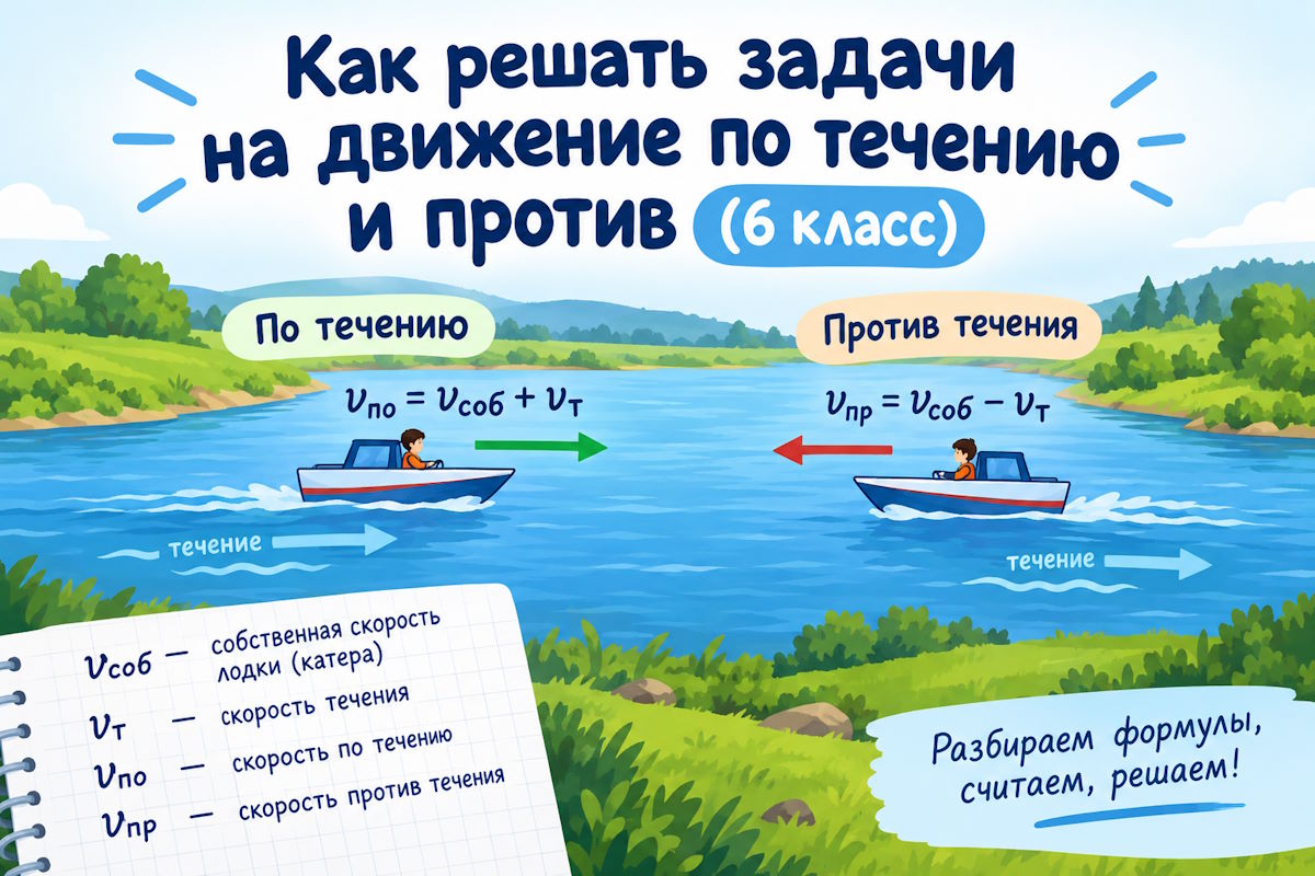 Как решать задачи на движение по течению и против (6 класс)